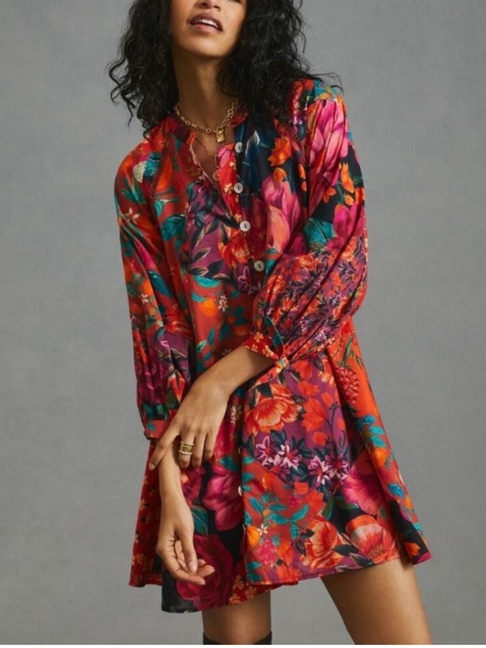 Farm Rio for Anthropologie Floral Button-Front Mini Dress